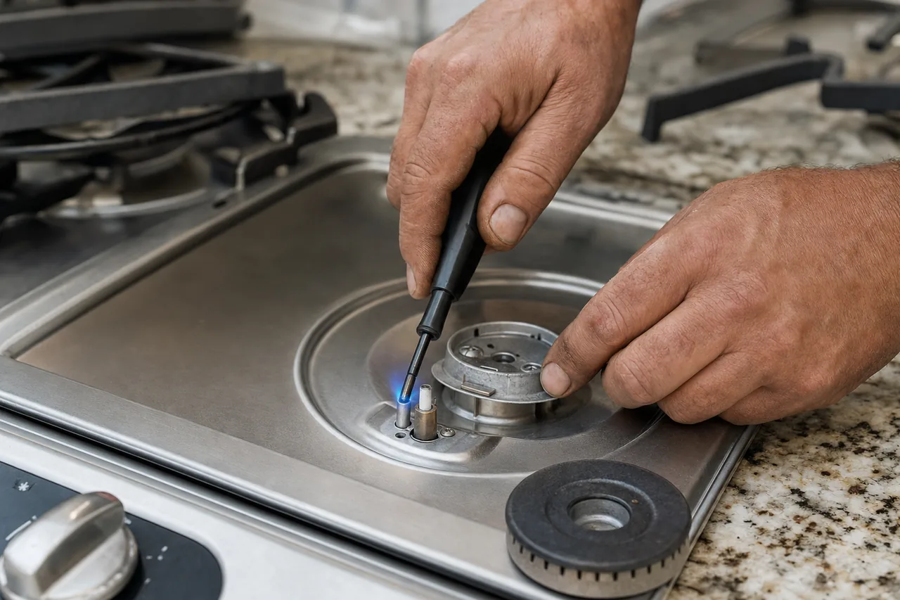 Technician adjusting a gas cooktop burner in a Norwalk kitchen