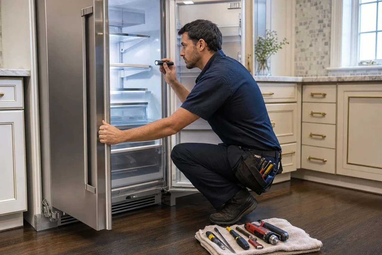 A technician servicing a professional Viking-style range in a Norwalk kitchen