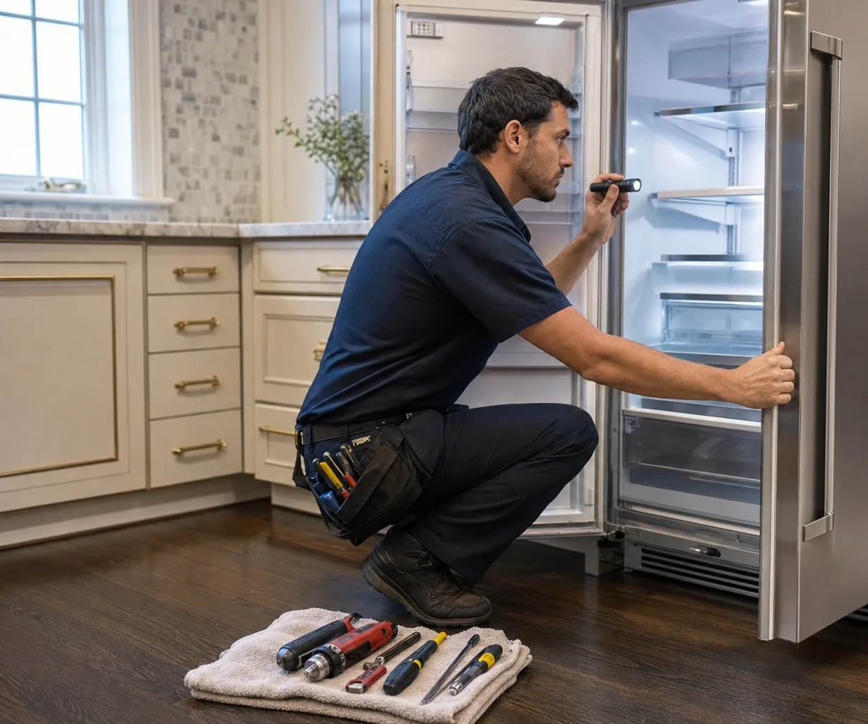 Technician repairing a built-in refrigerator up close