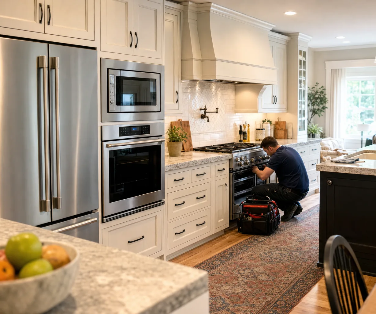 A luxury kitchen with built-in stainless appliances on a same-day visit