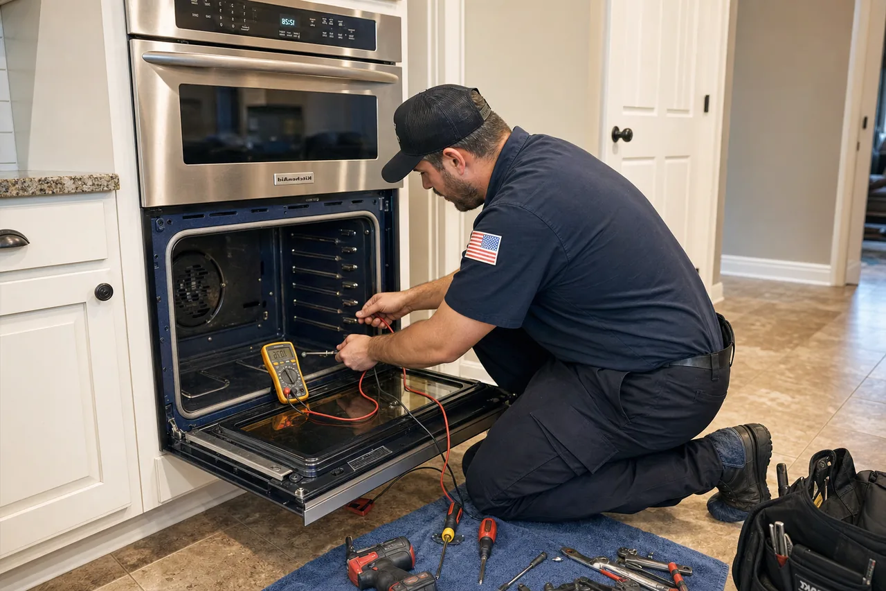 Technician servicing a built-in wall oven in a Norwalk kitchen